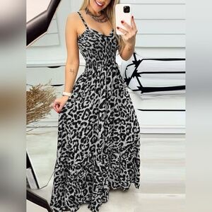 Womens Full Size Spaghetti Strap Leopard Print Maxi Dress Plus Size S To 5X